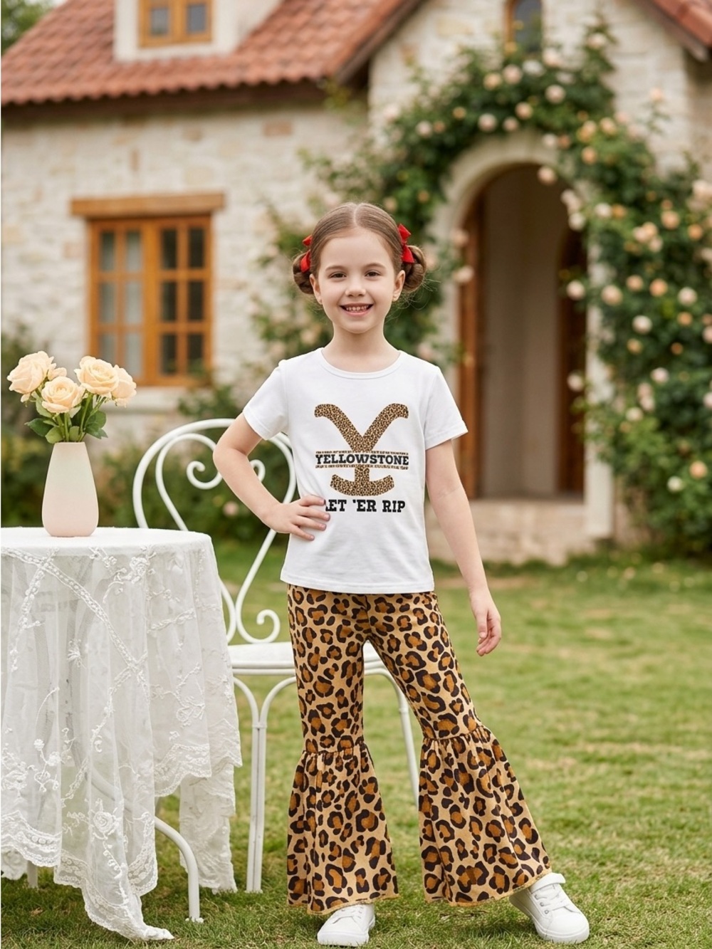 NWT Yellowstone Leopard-Accent Kids Set - White Yellow & Brown